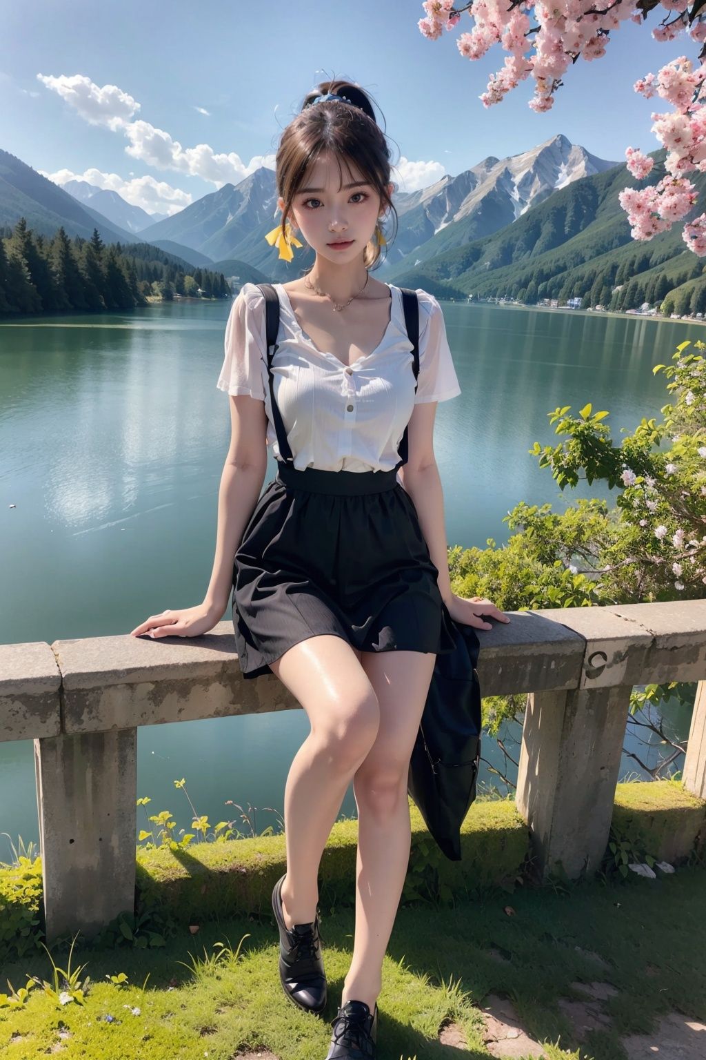A girl, sitting on the grass by the lake,((yellow double ponytail)), black skirt with suspenders, yellow backpack, headband wreath, (full body image), wide-angle lens, (big chest), thin waist, long legs, sexy buttocks, can see the chest through clothes, lifelike, background lake, mountains and water, many flowers and trees, (meticulous facial description),(delicate facial description), meticulous description of fingers, ultra-clear resolution, 8k wallpaper, high quality, highly detailed, light and shadow tracking, rich detail, high efficiency,