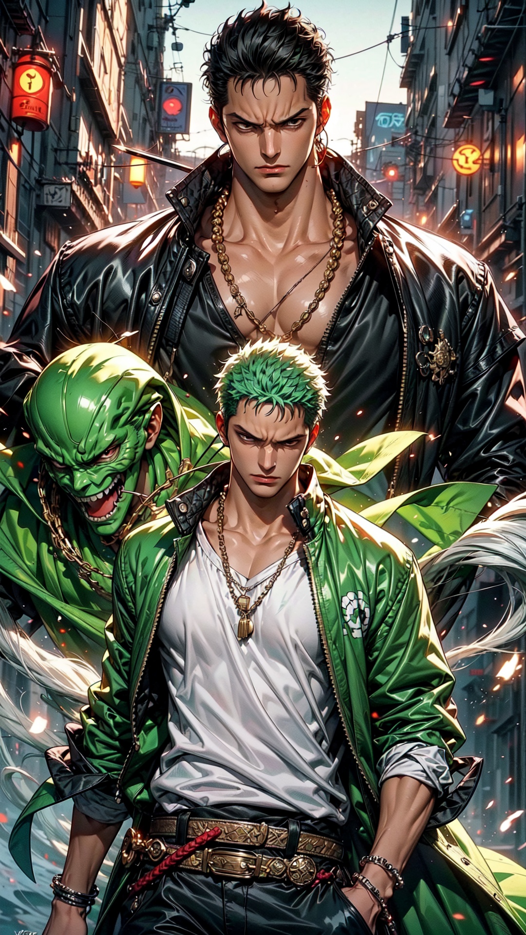 Roronoa Zoro,  the iconic character from the One Piece anime: "Generate a striking and highly detailed visual representati...