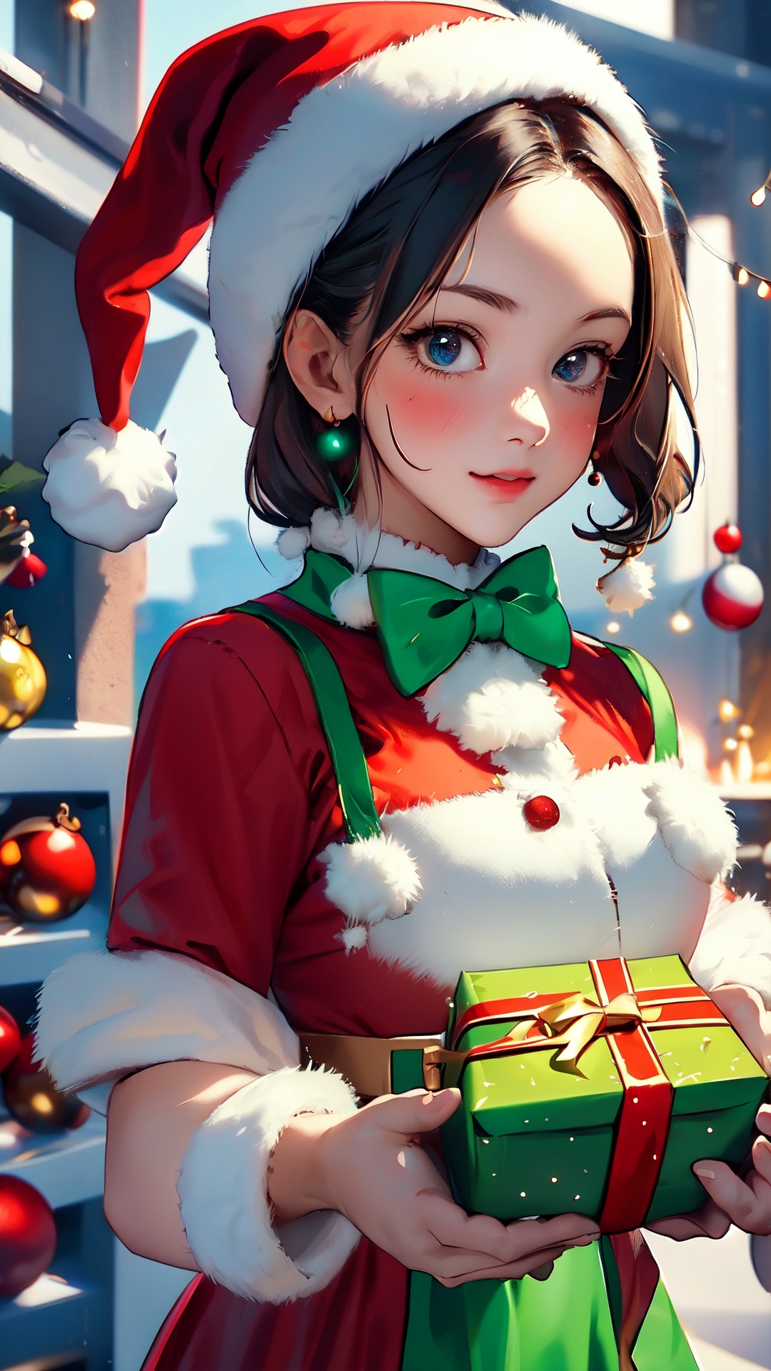 Embrace the festive spirit with this heartwarming prompt: "Illustrate a charming scene of a cute little girl adorned in a...