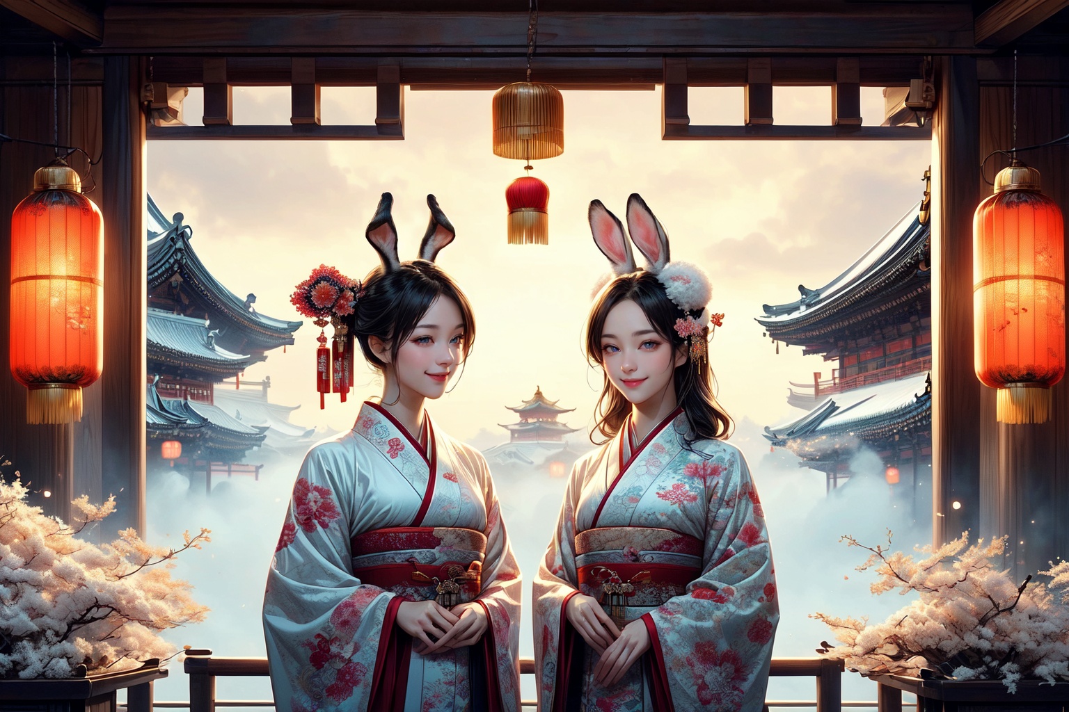 In a Japanese New Year's Eve night scene,  two anime-style girls,  one with rabbit ears and the other with dragon horns on...