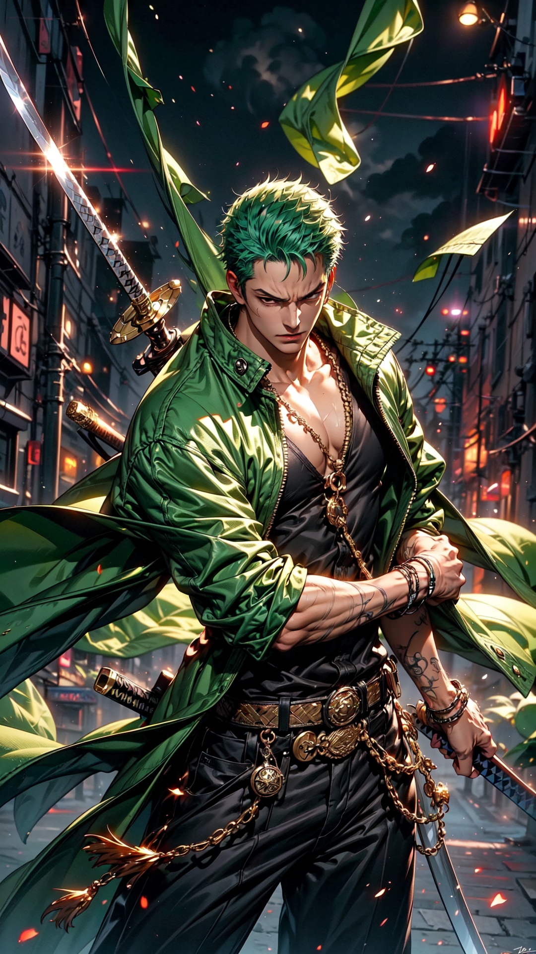 Roronoa Zoro,  the iconic character from the One Piece anime: "Generate a striking and highly detailed visual representati...