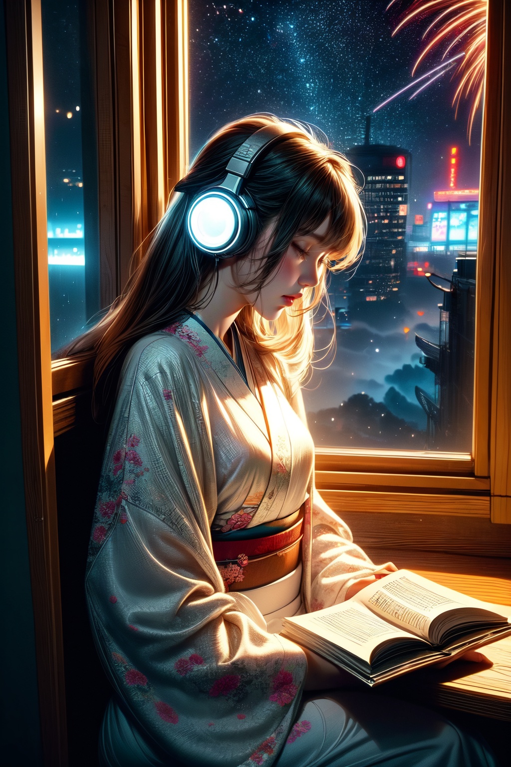 A cute LOFI music themed anime-style girl wearing a winter kimono,  leisurely reading a book by a window. She is wearing h...