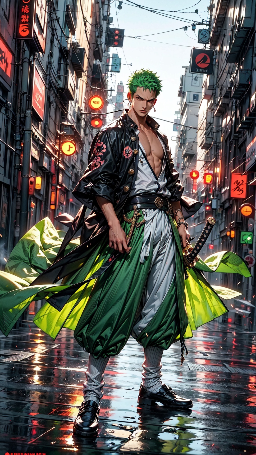 Roronoa Zoro,  the iconic character from the One Piece anime: "Generate a striking and highly detailed visual representati...