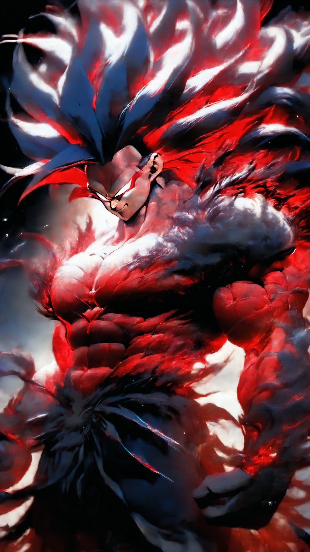 Concept Super Saiyan, cold, handsome, invincible, super long hair (Red Art) (Advanced Color Art) (Intricate Detail) Concept Red supernatural energy spreads around him, a muscular and muscular Super Saiyan stands There, his muscles are like solid rocks, reflecting his powerful fighting ability, dark background