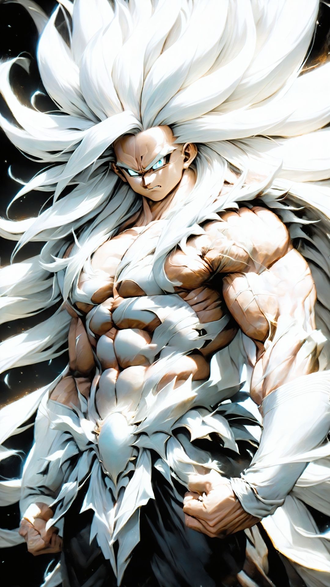 Super Saiyan, cool, handsome, invincible, super long hair (White Art) (Advanced Color Art) (Intricate Detail, Advanced Color) Super Saiyan energy spreads around him, a muscular and muscular Super Saiyan stands There, his muscles are like solid rocks, reflecting his powerful fighting ability, dark background