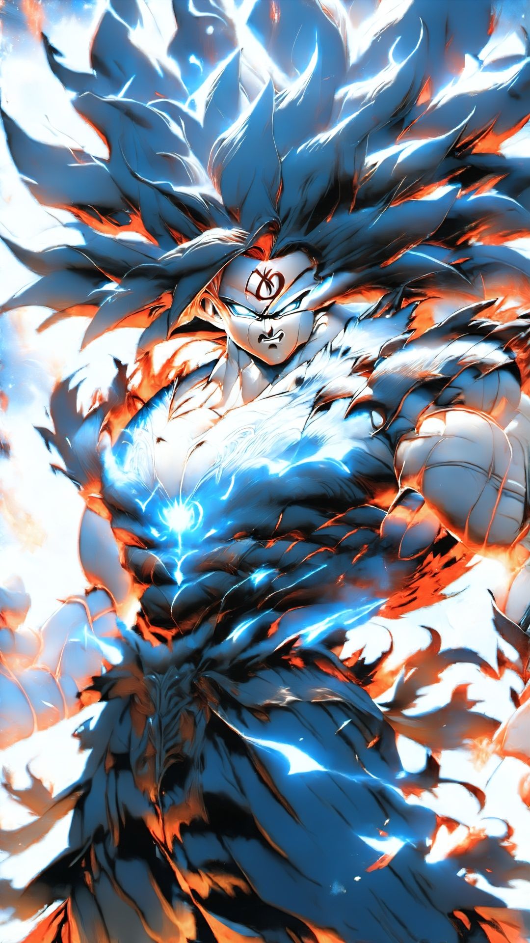 Concept Super Saiyan, cold, handsome, invincible, super long hair (Red Art) (Advanced Color Art) (Intricate Detail) His transparent light rune suit is covered with supernatural runes that radiate blue The light is like stars in the universe. These runes connect him to the energy of the universe. His hair glows golden and stands up like a flame of energy. The eyes burned with blue flames, and the pupils disappeared, leaving only the white pupils, showing his fighting status.