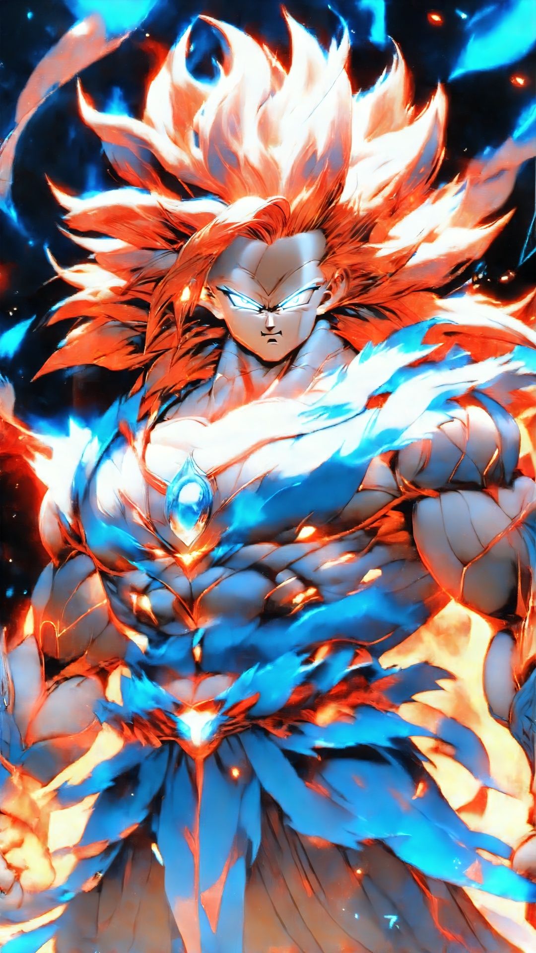 Concept Super Saiyan, cold, handsome, invincible, super long hair (Red Art) (Advanced Color Art) (Intricate Detail) His transparent light rune suit is covered with supernatural runes that radiate blue The light is like stars in the universe. These runes connect him to the energy of the universe. His hair glows golden and stands up like a flame of energy. The eyes burned with blue flames, and the pupils disappeared, leaving only the white pupils, showing his fighting status.
