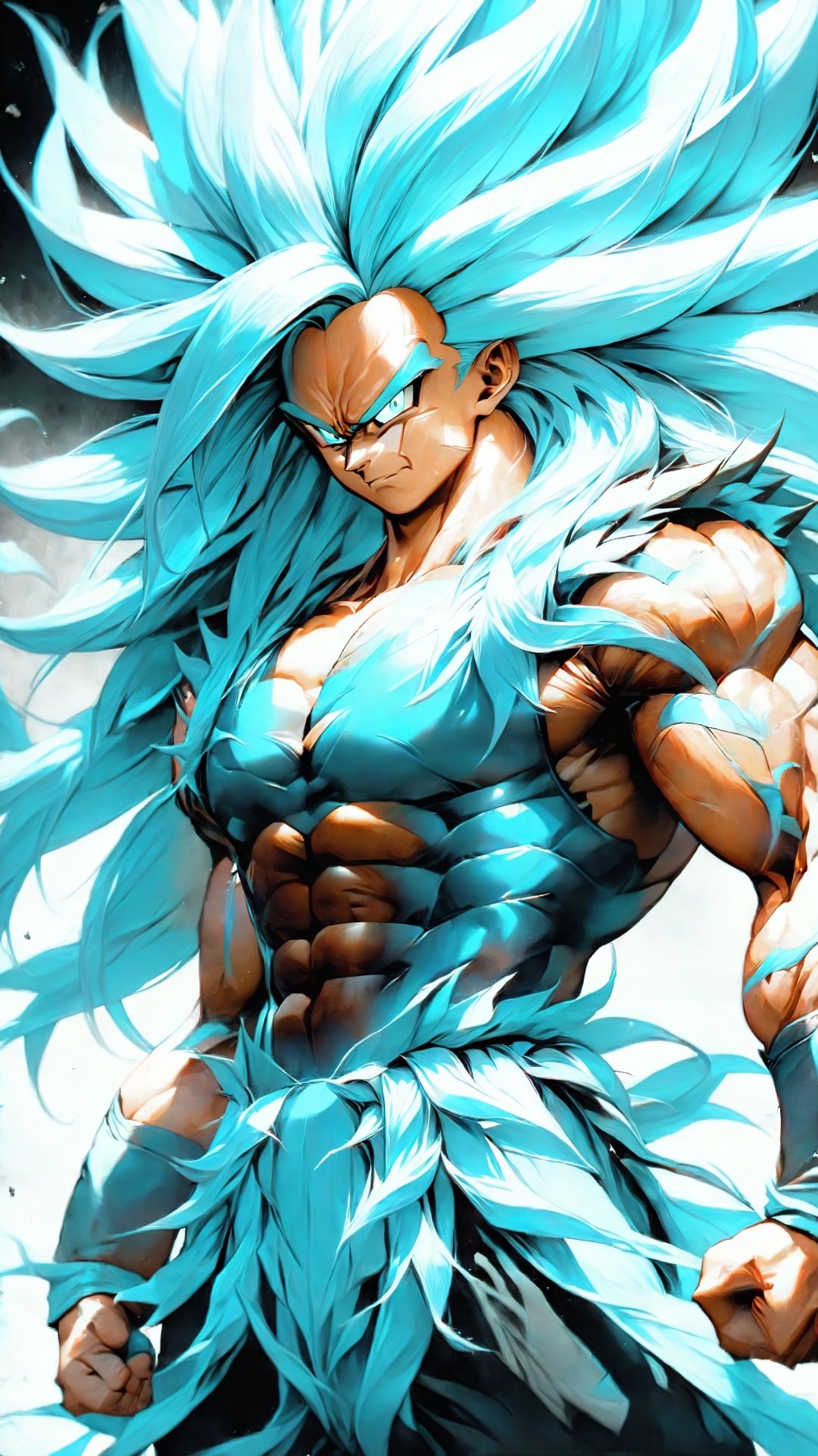 Super Saiyan, cool, handsome, invincible, super long hair (Cyan Art) (Advanced Color Art) (Intricate Detail, Advanced Color) A super saiyan with strong muscles and well-defined muscles is standing there, his muscles are like The solid rock embodies powerful fighting ability and exudes Saiyan fighting spirit.