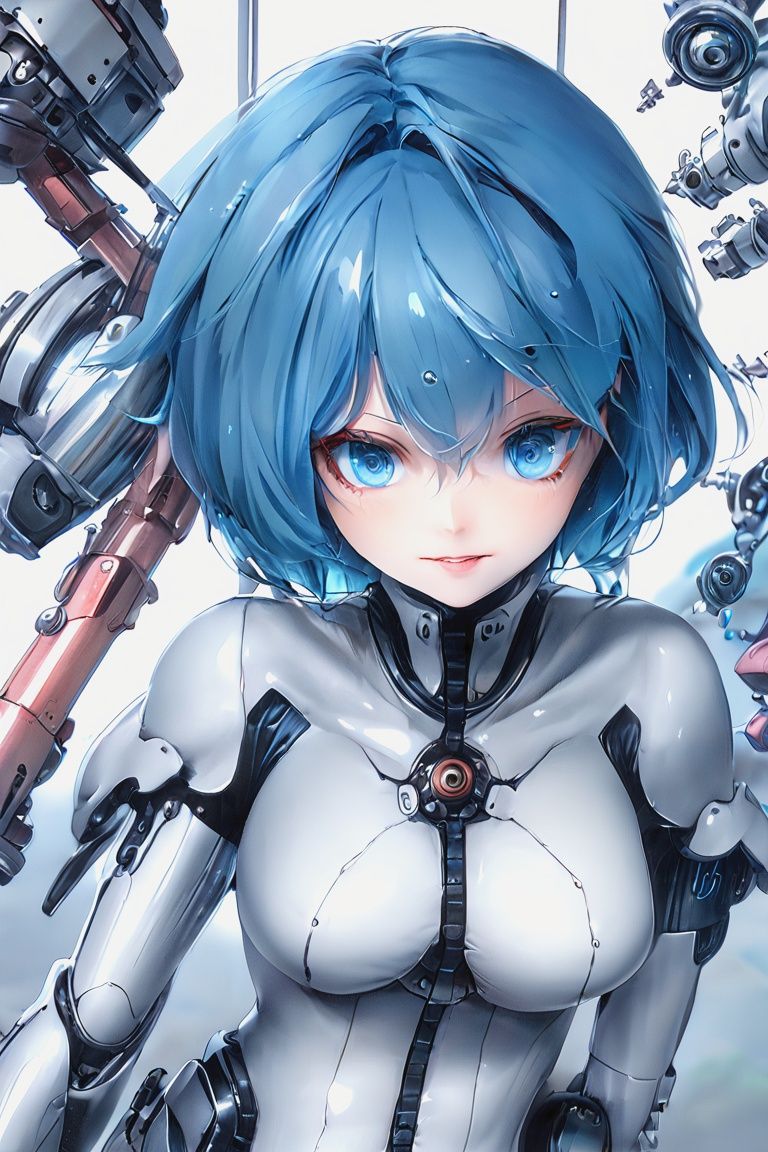 Best quality,masterpiece,ultra high res,wide_shot,1girl,solo,blue eyes,blue hair,short hair,breasts,android,mechanical parts,closed mouth,bangs,looking at viewer,<lora:neg4all_bdsqlsz_xl_V7:3>,