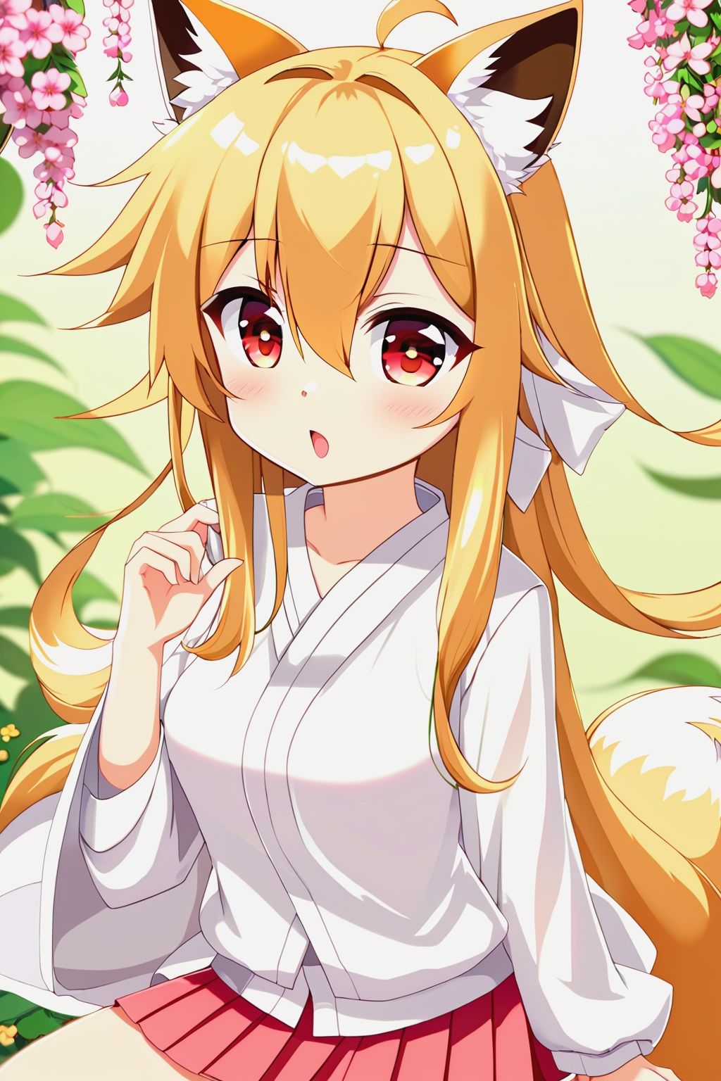 1girl,solo,animal ears,animal ear fluff,fox ears,hair flower,thick eyebrows,flower,hair ornament,bangs,japanese clothes,red eyes,blurry,white kimono,kimono,depth of field,pink flower,long hair,blonde hair,skirt,wide sleeves,looking at viewer,signature,fox girl,hair between eyes,fang,blurry background,blush,blurry foreground,open mouth,fox tail,short eyebrows,breasts,long sleeves,tail,miko,medium breasts,white thighhighs,:o,branch,<lora:neg4all_bdsqlsz_xl_V7:-2>,