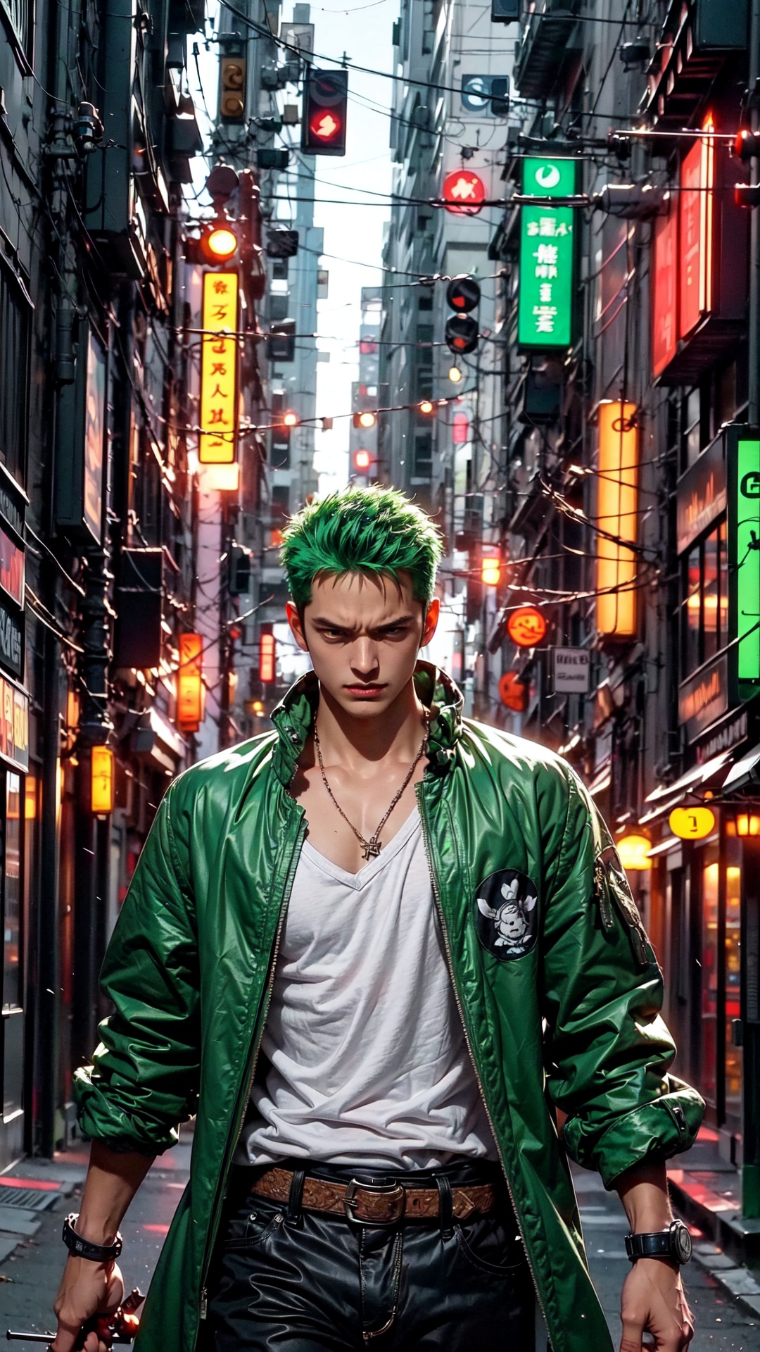 Roronoa Zoro,  the iconic character from the One Piece anime: "Generate a striking and highly detailed visual representati...