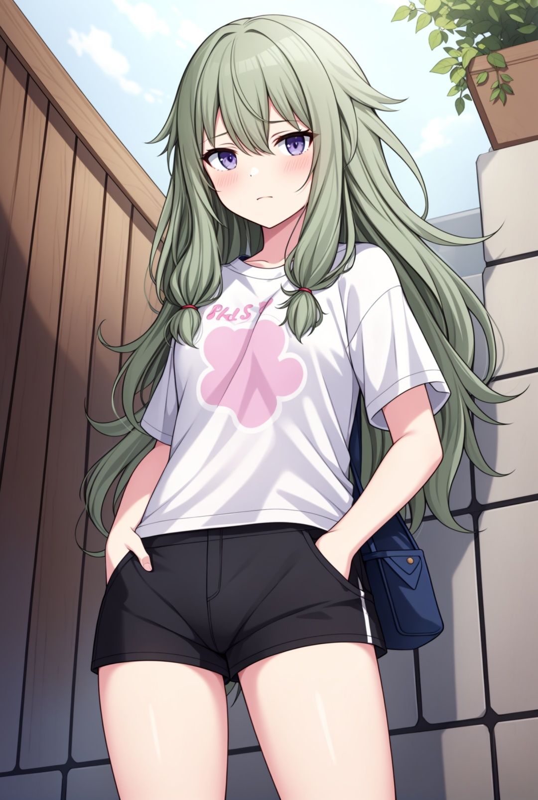 blush，masterpiece, best quality, t-shirt,shorts