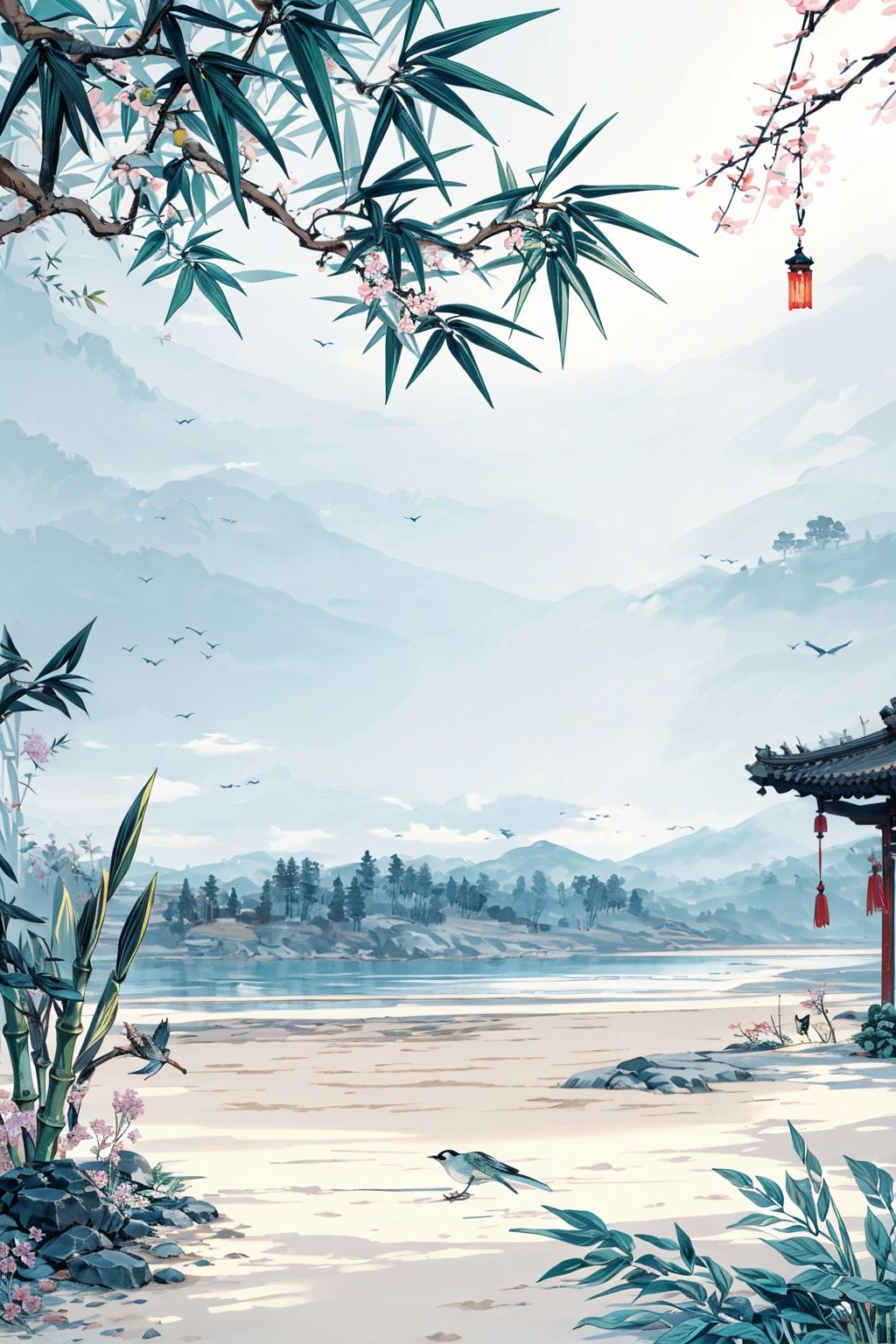 Bamboo, no people, birds, sand, beach, outdoor, nature, plants, scenery, Qixi, trees