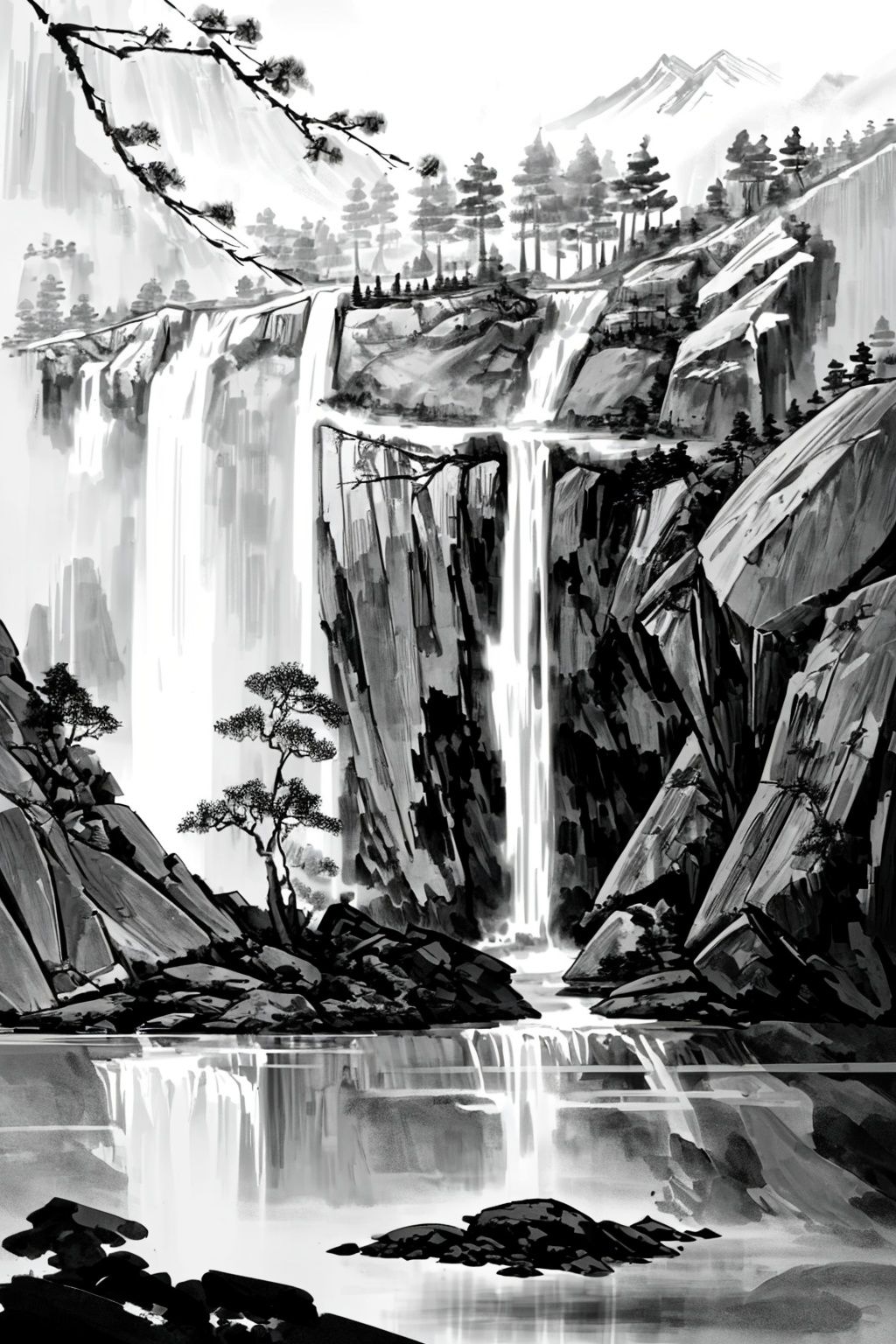 yueyue, monochrome, greyscale, scenery, tree, water, mountain, outdoors, landscape, no humans, waterfall