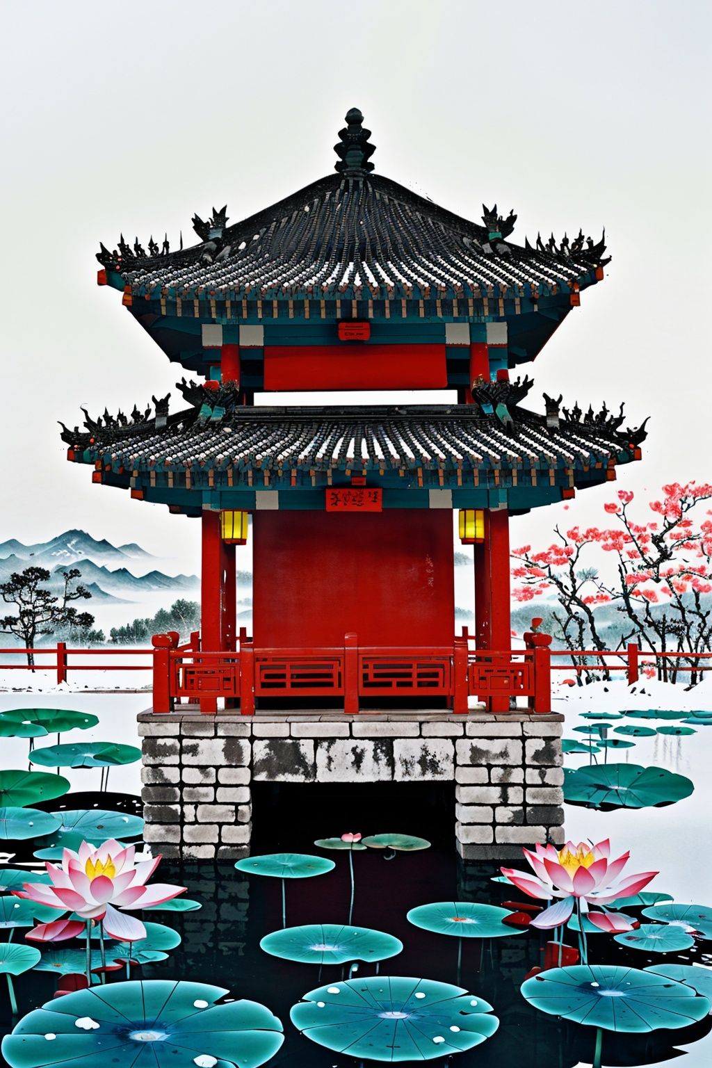  yueyue, scenery, no humans, flower, snow, east asian architecture, tree, architecture, mountain, outdoors, traditional media, lantern, lotus, lily pad, painting \(medium\), sky