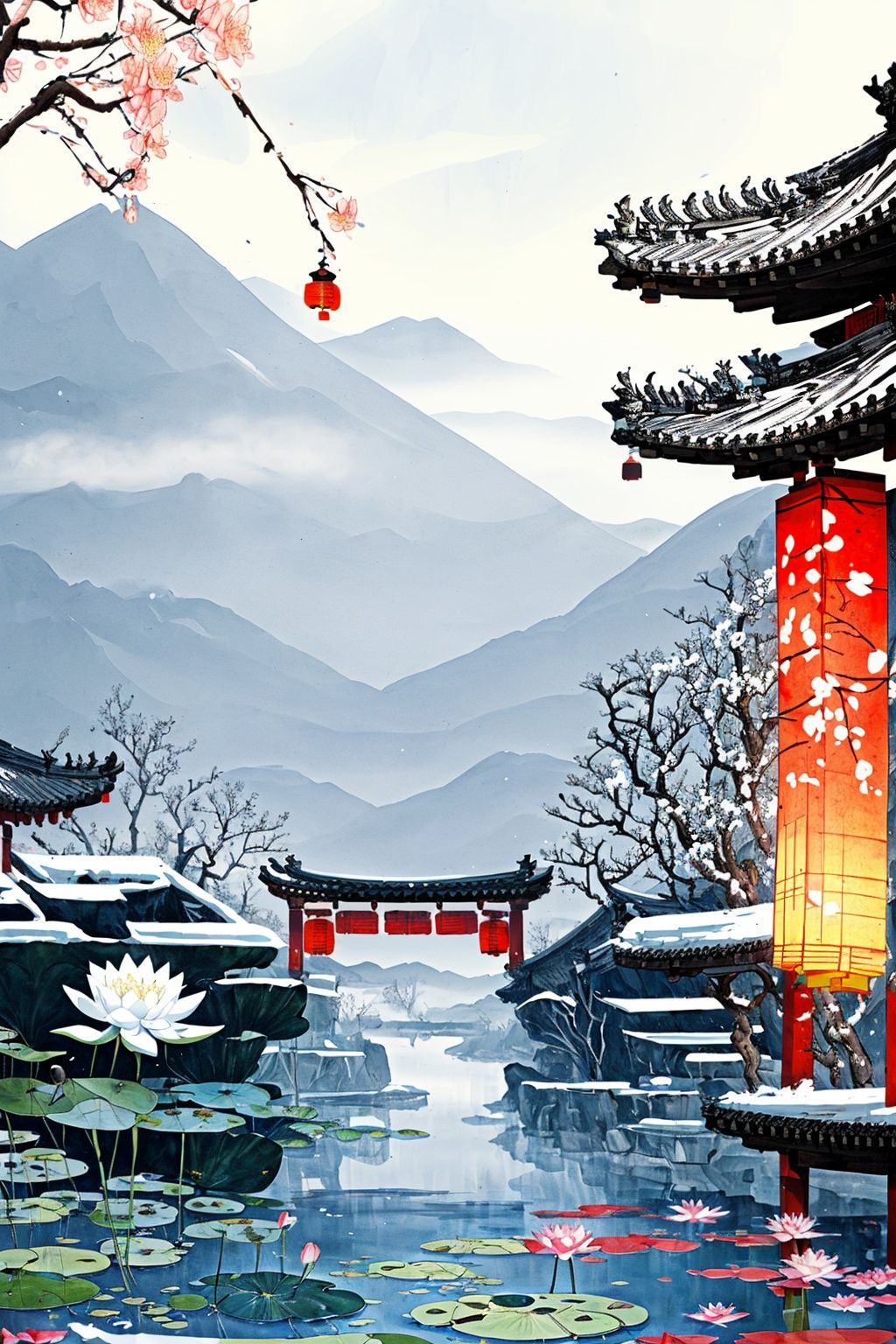 yueyue, scenery, no humans, flower, snow, east asian architecture, tree, architecture, mountain, outdoors, traditional media, lantern, lotus, lily pad, painting \(medium\), sky