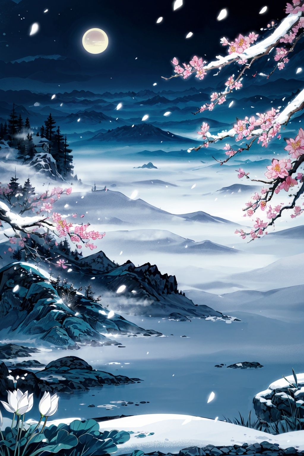 flower, snow, mountain, tree, branch, solo, cherry blossoms, hatsune miku, fog, scenery, umbrella, spot color
