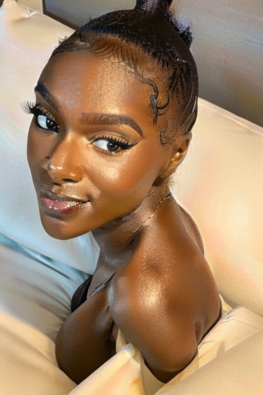 a woman laying on top of a bed next to a pillow,  loba andrade from apex legends,  stunning african princess on Tensor.Art