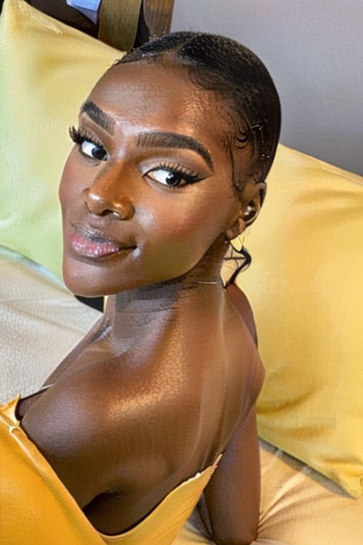 a woman laying on top of a bed next to a pillow,  loba andrade from apex legends,  stunning african princess on Tensor.Art