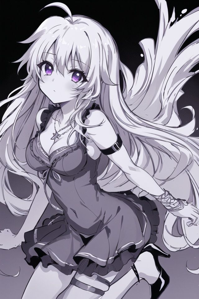 ((masterpiece)), (best quality), (highres), original, extremely detailed 8K wallpaper, illustration, (film grain), cinematic lighting, ((lineart)),((monochrome)), solo, 1girl, white hair,long straight hair, glowing purple eyes, sleeveless dress, ahoge, necklace, thigh strap, pantyhose, (sexually suggestive), high heels, upper body, looking at viewer, closed mouth, thick outline, medium breast, cleavage dress, simple background, black background
