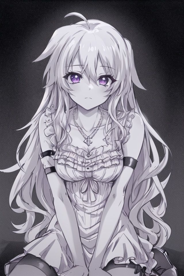((masterpiece)), (best quality), (highres), original, extremely detailed 8K wallpaper, illustration, (film grain), cinematic lighting, ((lineart)),((monochrome)), solo, 1girl, white hair,long straight hair, glowing purple eyes, sleeveless dress, ahoge, necklace, thigh strap, pantyhose, (sexually suggestive), high heels, upper body, looking at viewer, closed mouth, thick outline