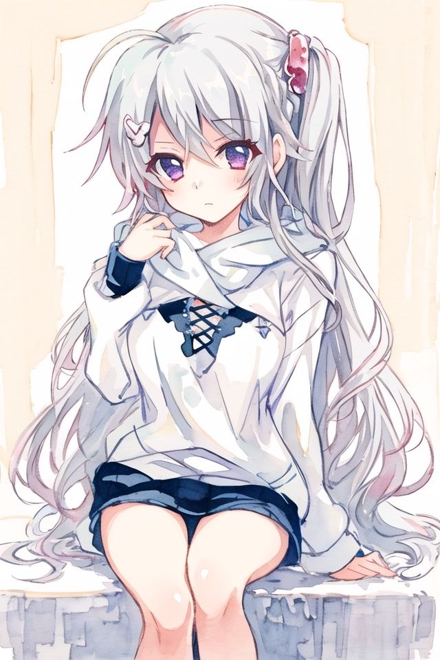 an extremely delicate and beautiful girl,(((masterpiece))),best quality, illustration, white atmosphere,(((1girl))), nimi_sora, expressionless,wide view, cold attitude,long hair,she looks very relaxed, (((ink wash painting))),hair ornament hair clip,hoodie