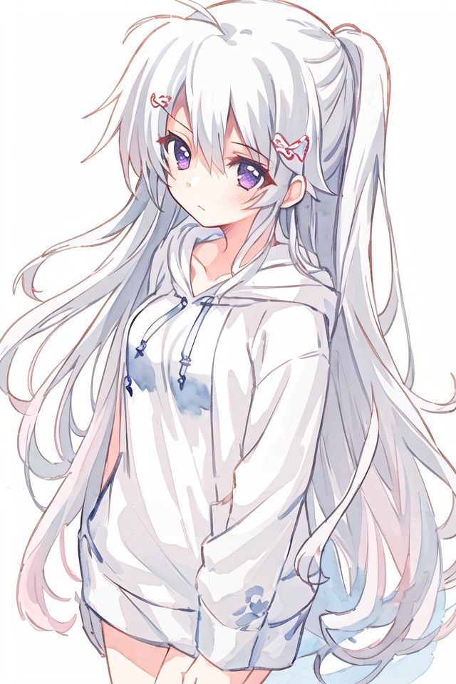 an extremely delicate and beautiful girl,(((masterpiece))),best quality, illustration, white atmosphere,(((1girl))), nimi_sora, expressionless,wide view, cold attitude,long hair,she looks very relaxed, (((ink wash painting))),hair ornament hair clip,hoodie
