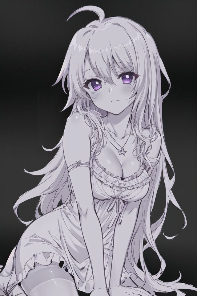 ((masterpiece)), (best quality), (highres), original, extremely detailed 8K wallpaper, illustration, (film grain), cinematic lighting, ((lineart)),((monochrome)), solo, 1girl, white hair,long straight hair, glowing purple eyes, sleeveless dress, ahoge, necklace, thigh strap, pantyhose, (sexually suggestive), high heels, upper body, looking at viewer, closed mouth, thick outline, medium breast, cleavage dress, simple background, black background
