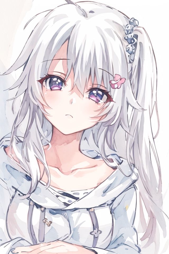 an extremely delicate and beautiful girl,(((masterpiece))),best quality, illustration, white atmosphere,(((1girl))), nimi_sora, expressionless,wide view, cold attitude,long hair,she looks very relaxed, (((ink wash painting))),hair ornament hair clip,hoodie