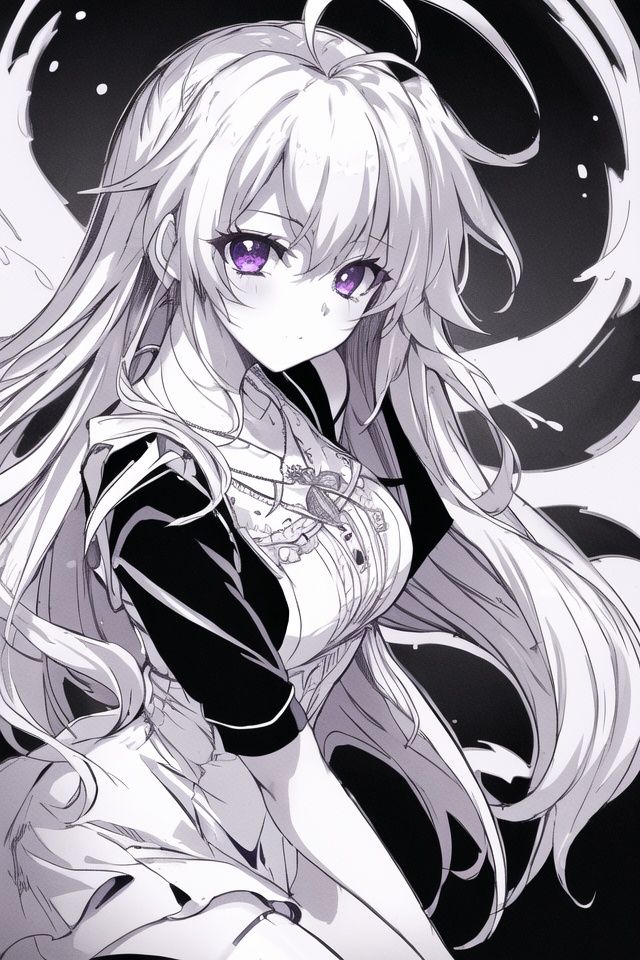 ((masterpiece)), (best quality), (highres), original, extremely detailed 8K wallpaper, illustration, (film grain), cinematic lighting, ((lineart)),((monochrome)), solo, 1girl, white hair,long straight hair, glowing purple eyes, sleeveless dress, ahoge, necklace, thigh strap, pantyhose, (sexually suggestive), high heels, upper body, looking at viewer, closed mouth, thick outline