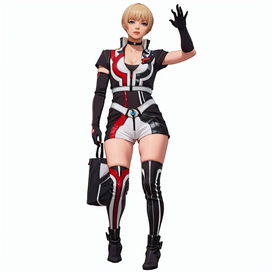 (masterpiece:1.3), (the best quality:1.2), (super fine illustrations:1.2), (Masterpiece), high quality, high detail,((white background:1.2)), looking at viewer, (SOLO:1.4),outline,,simple background,boots, jacket, black gloves, armor, blue eyes, collar, breasts, black legwear, elbow gloves, gloves, choker, thighhighs, short hair, jewelry, blonde hair, 1girl,****_female