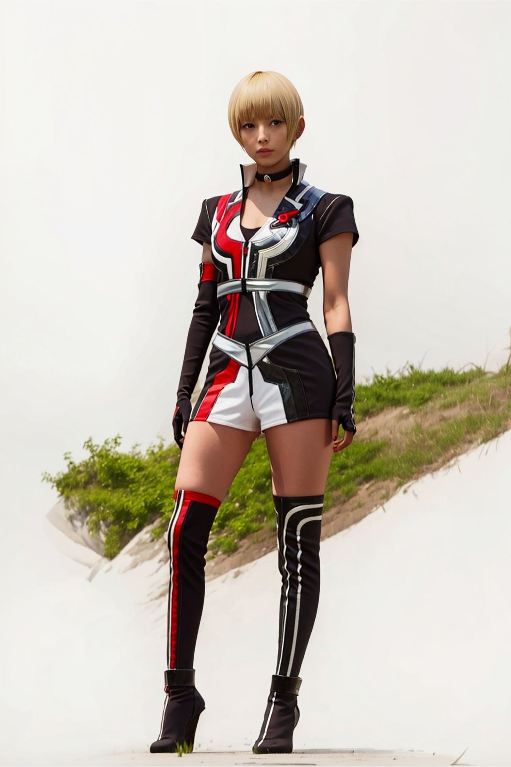  (masterpiece:1.3), (the best quality:1.2), (super fine illustrations:1.2), (Masterpiece), high quality, high detail,((white background:1.2)), looking at viewer, (SOLO:1.4),outline,,simple background,boots, jacket, black gloves, armor, blue eyes, collar, breasts, black legwear, elbow gloves, gloves, choker, thighhighs, short hair, jewelry, blonde hair, 1girl,****_female