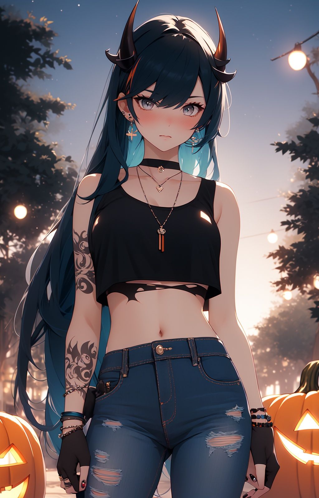 wsj_1, jewelry, pants, long hair, horns, earrings, blue hair, gloves, 1girl, looking at viewer, night, necklace, outdoors, choker, sky, midriff, underwear, panties, cowboy shot, black gloves, closed mouth, breasts, very long hair, solo focus, bare shoulders, navel, fingerless gloves, bracelet, highleg panties, crop top, night sky, shirt, black choker, highleg, multicolored hair, single glove, black pants, torn clothes, jeans, bangs, denim, ear piercing, blush, standing, black nails, halloween, piercing, tree, ring, single horn, black panties, tattoo, **** top, medium breasts, black shirt, jack-o'-lantern, pumpkin, holding<lora:MW_wsj_v1:0.8>