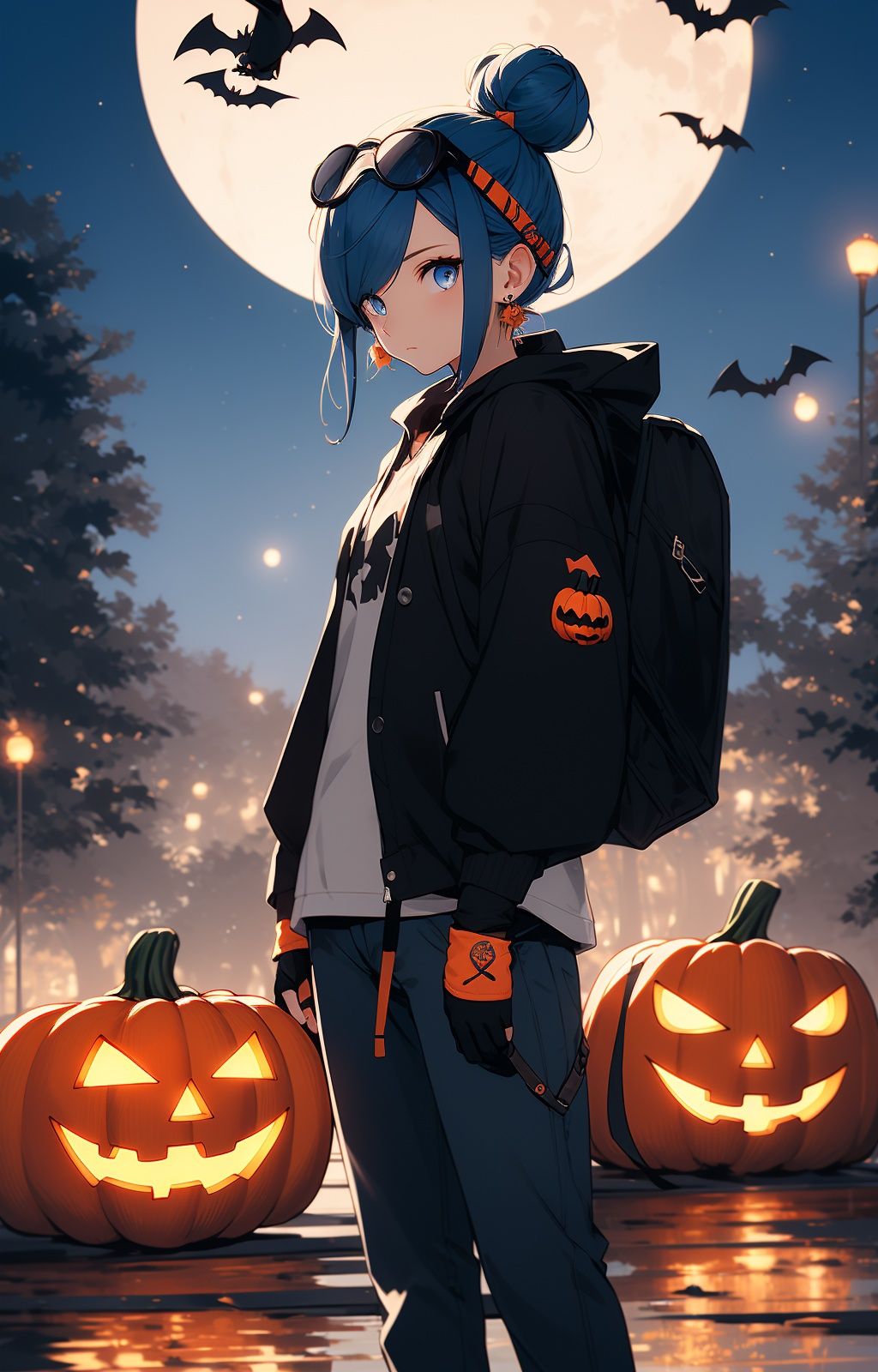 wsj_1, 1girl, moon, solo, halloween, bat \(animal\), blue hair, bag, eyewear on head, jack-o'-lantern, earrings, jewelry, night, hair bun, full moon, blue eyes, pumpkin, looking at viewer, gloves, single hair bun, jacket, sidelocks, outdoors, long sleeves, pants, backpack, black gloves, holding, closed mouth, hood, hair ornament, standing, fingerless gloves, black jacket, sky, multicolored hair, bangs, hooded jacket, nature, feet out of frame<lora:MW_wsj_v1:0.8>