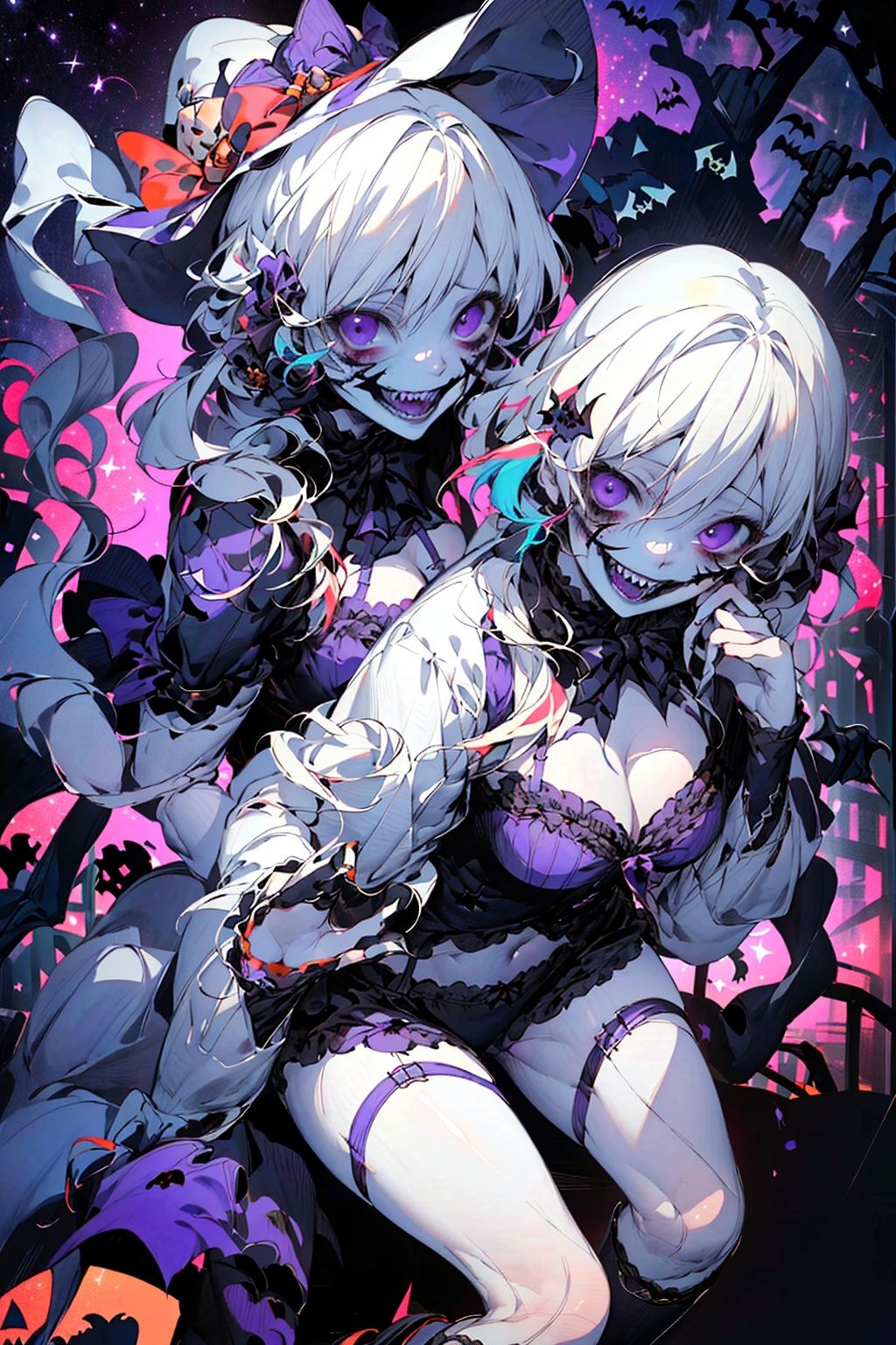  Best quality,8k,cg,(from front:L1.2),((lots of galaxy+halloween color):1.3),(mixed rainbow color), flowing, cute face,
secai, JaLanteen, (lingeries:1.5), halloween gown, pretty face, dramatic, hero shot.Exaggerated facial expressions,exaggerated laughing, up from bottom view