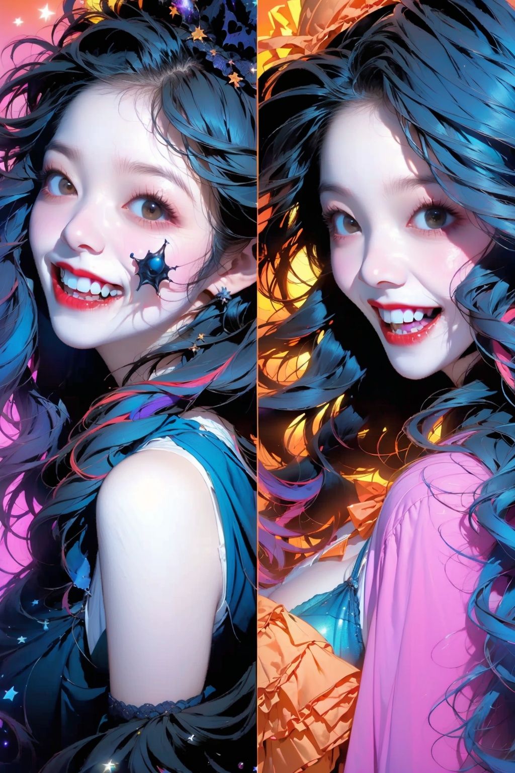  (from front:L1.2), ((lots of galaxy+halloween color):1.3), (mixed rainbow color), flowing, cute face, secai, JaLanteen, (lingeries:1.5), halloween gown, pretty face, dramatic, hero shot.Exaggerated facial expressions,exaggerated laughing, up from bottom view
