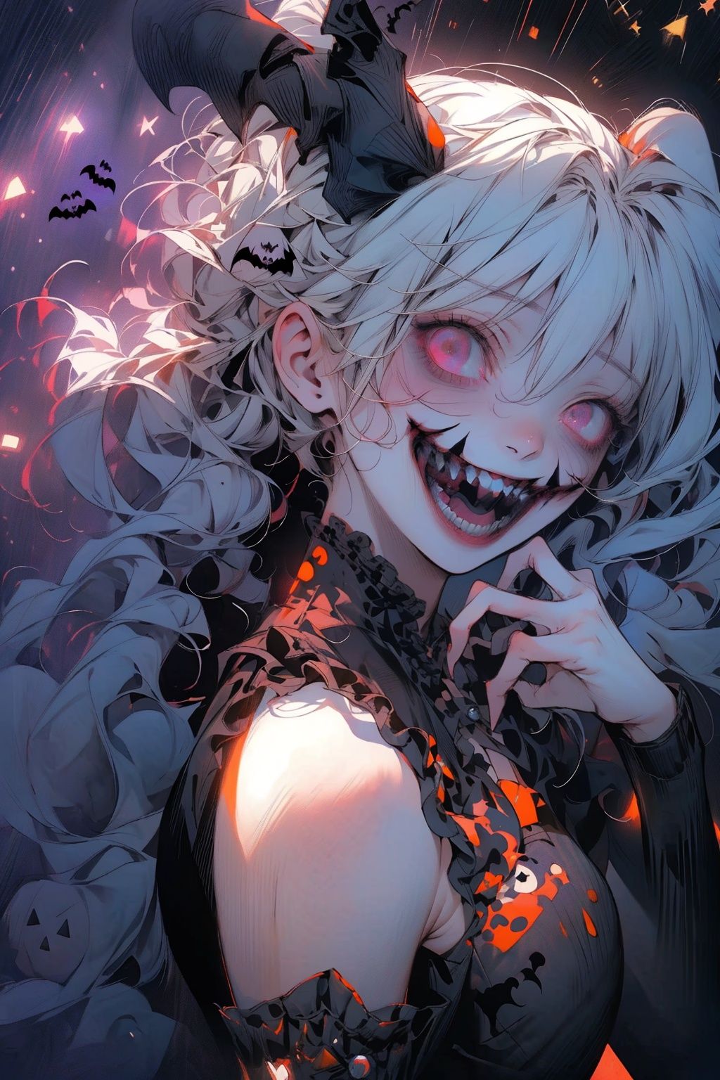  Best quality,8k,cg,2_girls,(from front:L1.2),((lots of galaxy+halloween color):1.3),(mixed rainbow color), flowing, cute face,
secai, JaLanteen, (lingeries:1.5), pretty face, dramatic, hero shot.Exaggerated facial expressions,exaggerated laughing, up from bottom view