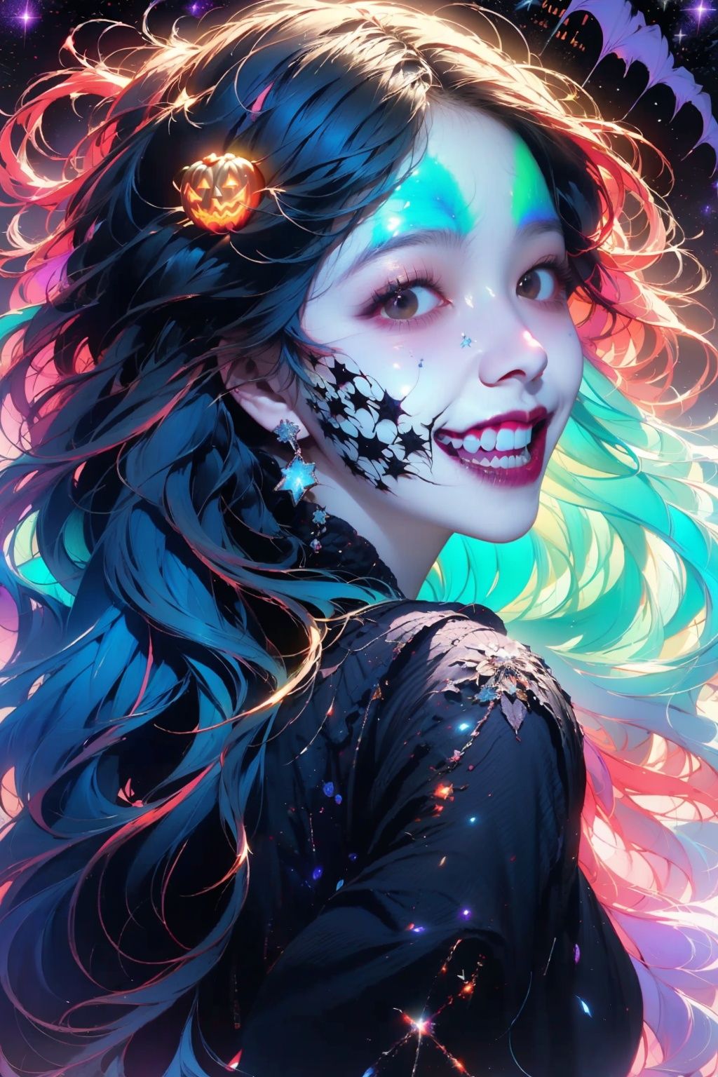  (from front:L1.2), ((lots of galaxy+halloween color):1.3), (mixed rainbow color), flowing, cute face, secai, JaLanteen, (lingeries:1.5), halloween gown, pretty face, dramatic, hero shot.Exaggerated facial expressions,exaggerated laughing, up from bottom view
