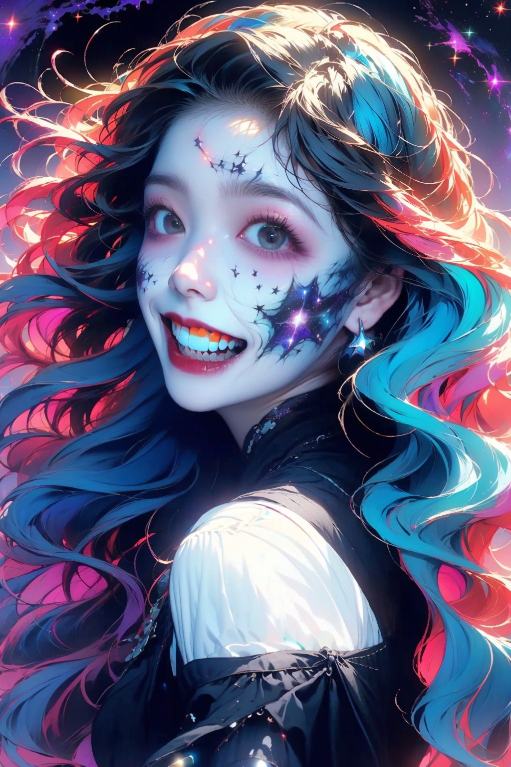  (from front:L1.2), ((lots of galaxy+halloween color):1.3), (mixed rainbow color), flowing, cute face, secai, JaLanteen, (lingeries:1.5), halloween gown, pretty face, dramatic, hero shot.Exaggerated facial expressions,exaggerated laughing, up from bottom view
