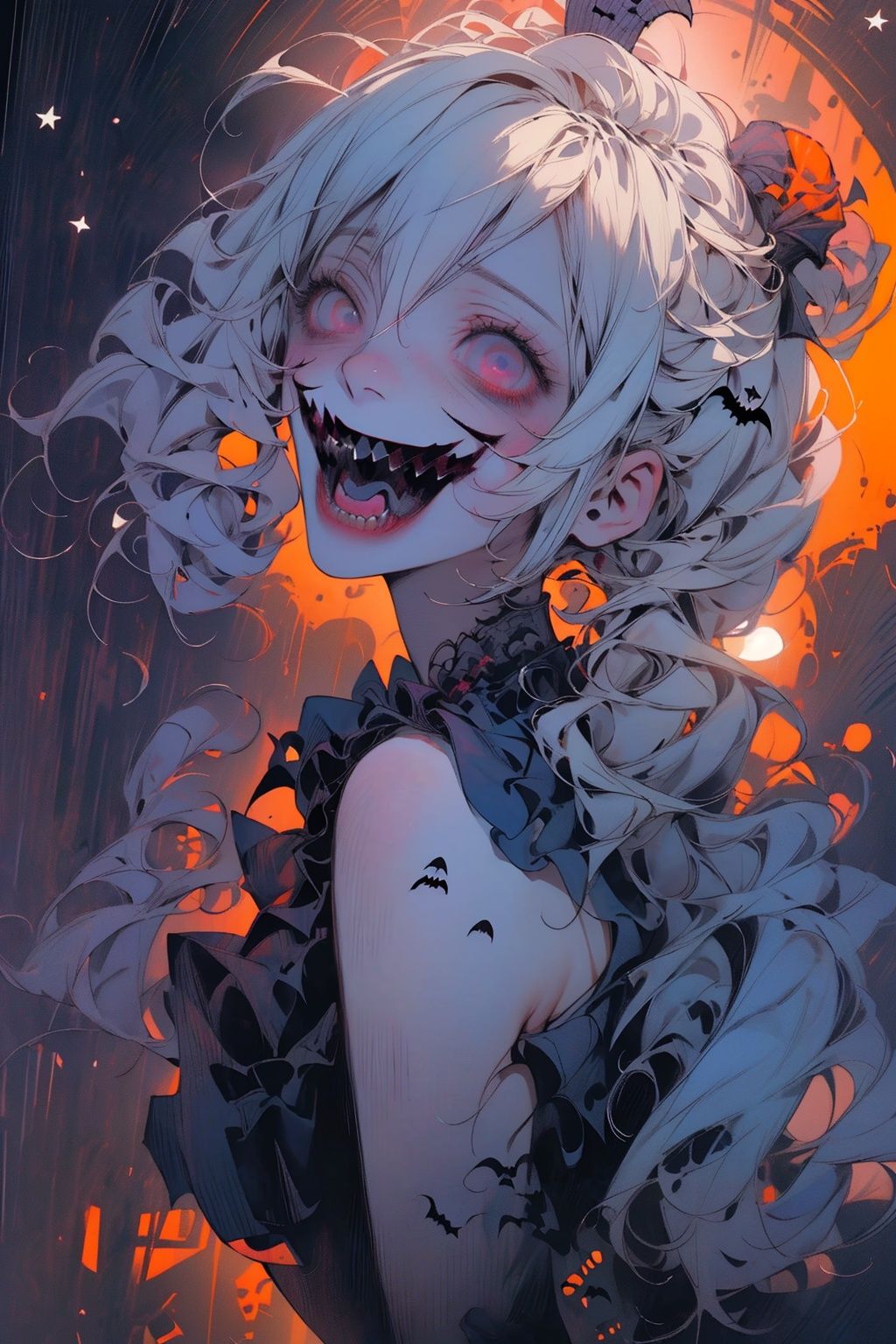 Best quality,8k,cg,2_girls,(from front:L1.2),((lots of galaxy+halloween color):1.3),(mixed rainbow color), flowing, cute face,
secai, JaLanteen, (lingeries:1.5), pretty face, dramatic, hero shot.Exaggerated facial expressions,exaggerated laughing, up from bottom view