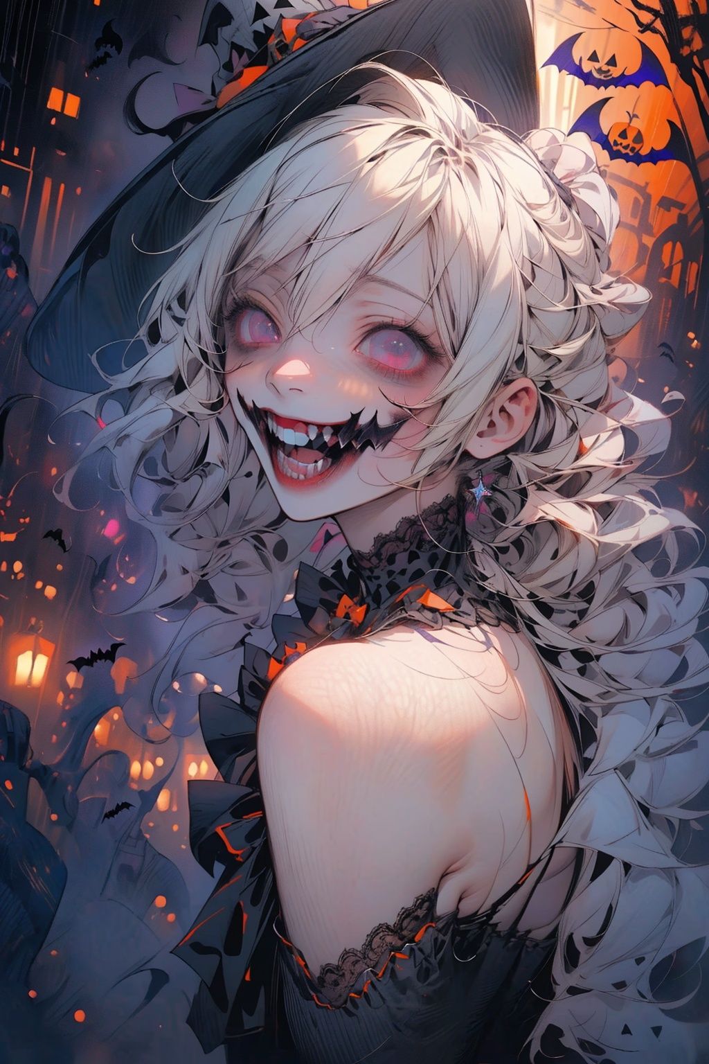  Best quality,8k,cg,2_girls,(from front:L1.2),((lots of galaxy+halloween color):1.3),(mixed rainbow color), flowing, cute face,
secai, JaLanteen, (lingeries:1.5), pretty face, dramatic, hero shot.Exaggerated facial expressions,exaggerated laughing, up from bottom view