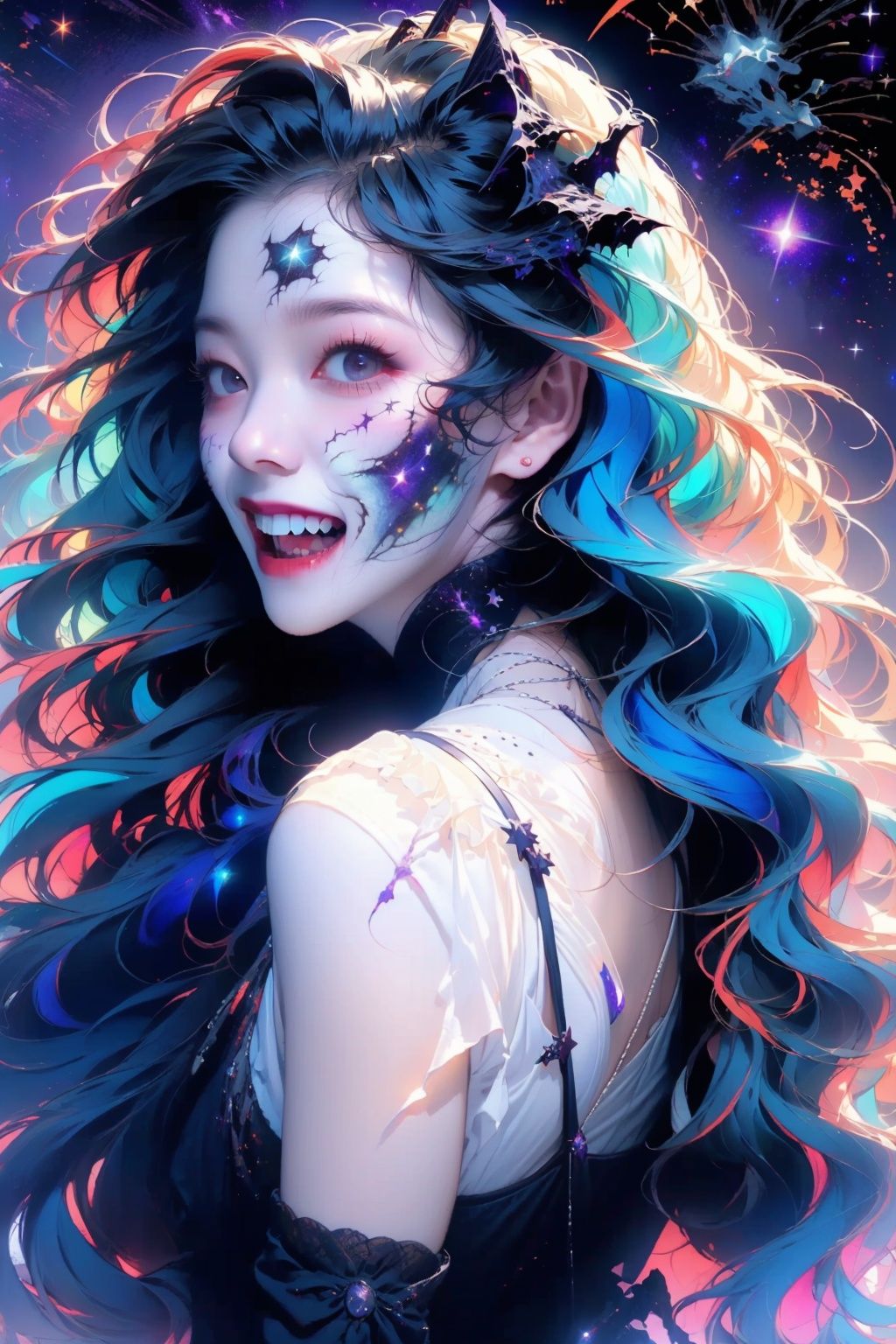  (from front:L1.2), ((lots of galaxy+halloween color):1.3), (mixed rainbow color), flowing, cute face, secai, JaLanteen, (lingeries:1.5), halloween gown, pretty face, dramatic, hero shot.Exaggerated facial expressions,exaggerated laughing, up from bottom view

