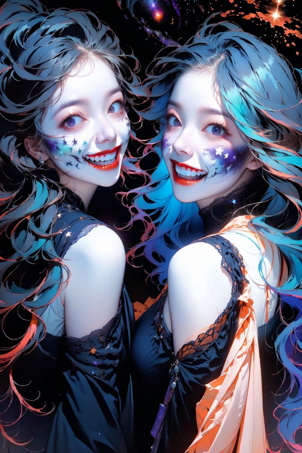  (from front:L1.2), ((lots of galaxy+halloween color):1.3), (mixed rainbow color), flowing, cute face, secai, JaLanteen, (lingeries:1.5), halloween gown, pretty face, dramatic, hero shot.Exaggerated facial expressions,exaggerated laughing, up from bottom view
