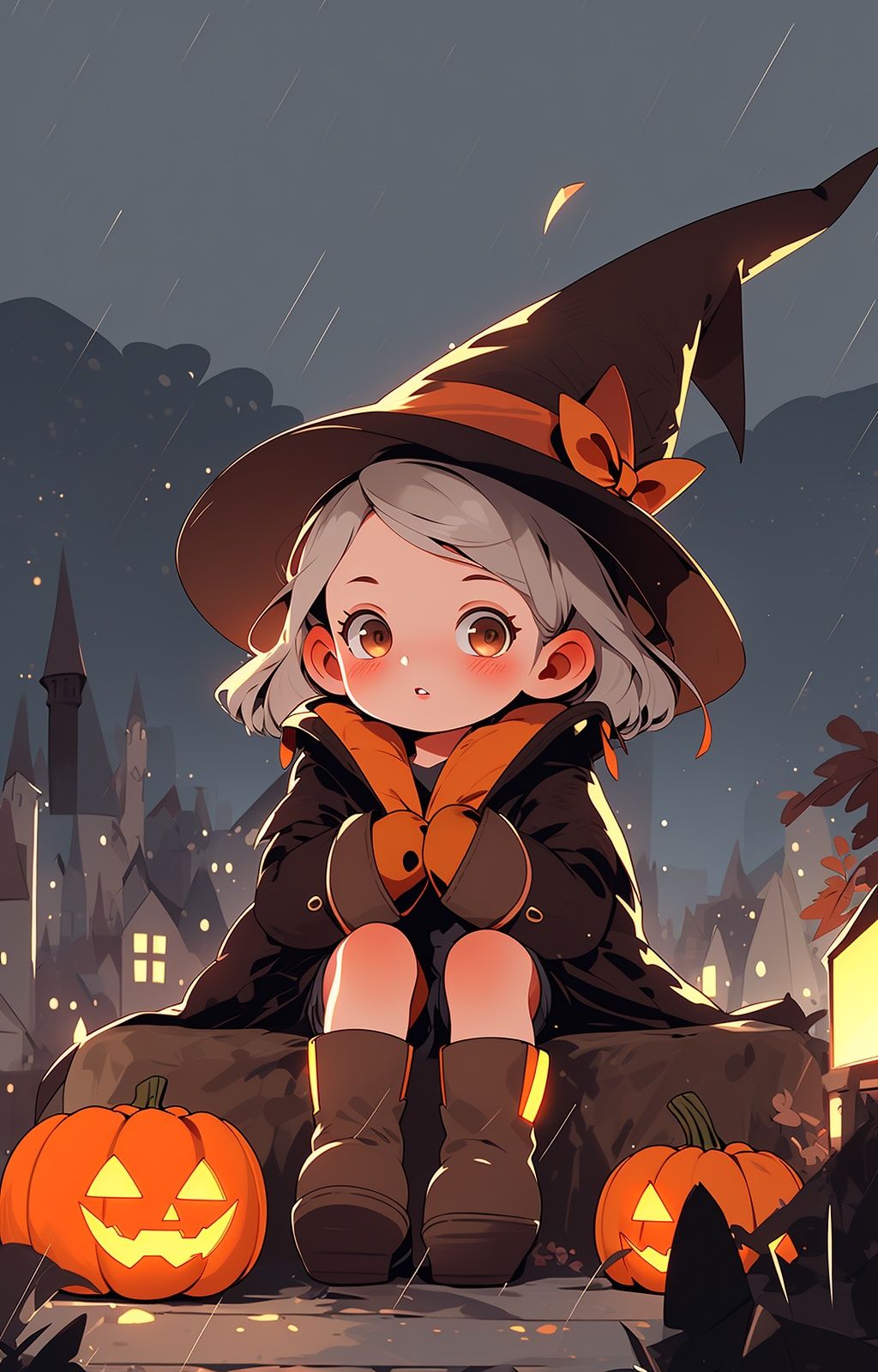night, jack-o'-lantern, hat, witch hat, pumpkin, 1girl, blush, short hair, boots, looking at viewer, brown eyes, gloves, sitting, halloween, brown footwear, rain, parted lips, long sleeves, solo, brown gloves, grey hair, child, outdoors,bat wings, 