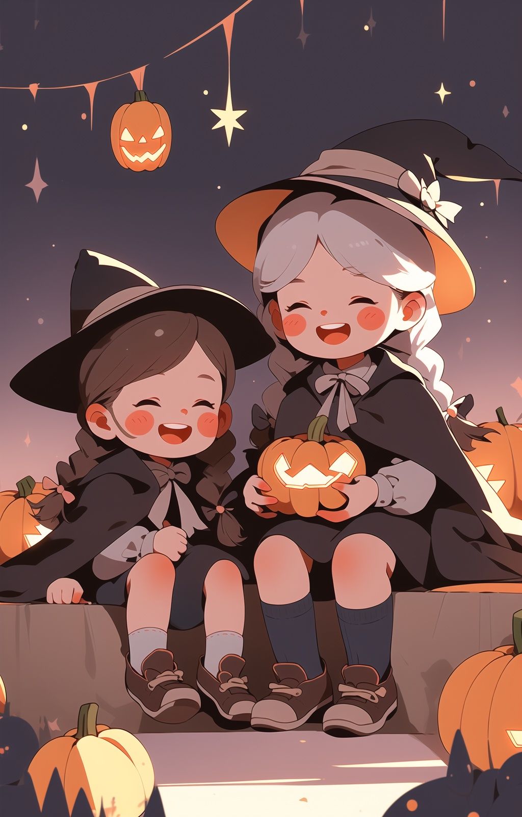 hat, witch hat, twin braids, braid, closed eyes, smile, long hair, multiple girls, 2girls, black headwear, jack-o'-lantern, open mouth, pumpkin, blush, shoes, halloween, sitting, long sleeves, bow, white hair, brown footwear, hair between eyes, bangs, child, cape, grey hair, kizuna akari, female child, blush stickers, holding, :d, black cape, hair bow, socks, robe, ^ ^, dress, very long hair, knees up