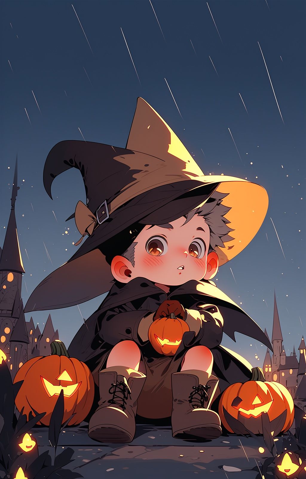 night, jack-o'-lantern, hat, witch hat, pumpkin, 1boy, blush, short hair, boots, looking at viewer, brown eyes, gloves, sitting, halloween, brown footwear, rain, parted lips, long sleeves, solo, brown gloves, grey hair, child, outdoors,bat wings, 
