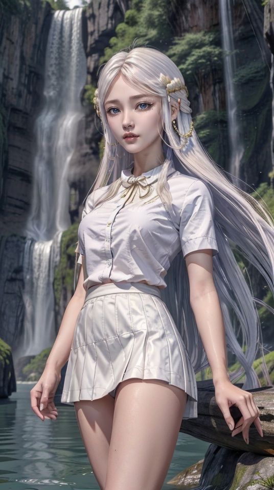 A girl,Long white hair,Blue eyes,(White Short sleeved:1.4),(Short skirt:1.4),outdoors,(forest),(waterfall),(lake water),Standing in the lake,Looking at the viewer,<lora:2c8aa153ace4345df7ca41652b30275c110a66583574850f14758889c7ba837c:0.6>