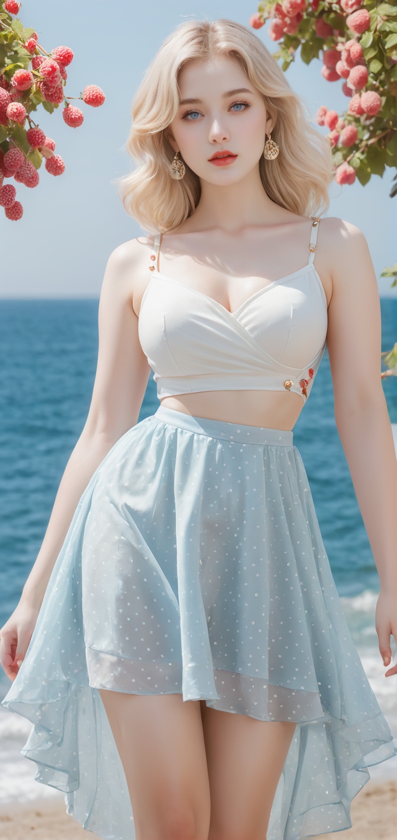 A beautiful woman is enjoying the yellow blossoms seaside. She has light blonde hair,  and light blue eyes,  framing a cut...