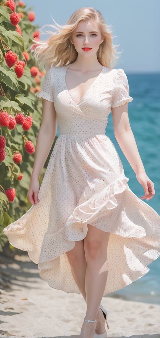 A beautiful woman is enjoying the yellow blossoms seaside. She has light blonde hair,  and light blue eyes,  framing a cut...