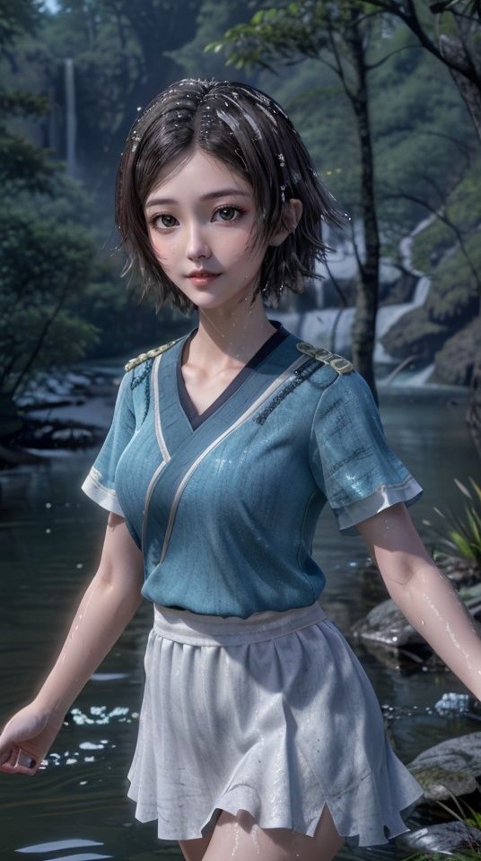 A girl,Short hair,Brown eyes,(White Short sleeved:1.4),(Short skirt:1.4),outdoors,(forest),(waterfall),(lake water),Standing in the lake,Looking at the viewer,,<lora:b1a72a64e3e9db84b2f75d4158d306c186097a5f5dfff9aabb6f829b14ec0891:0.6>